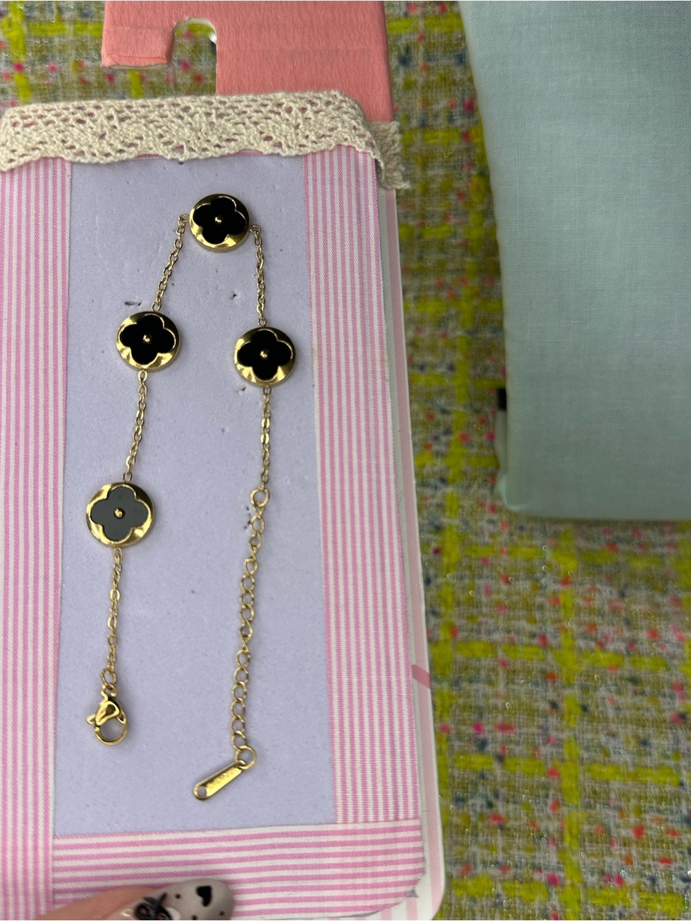 Gold Chain Bracelet with Black Clover Medallions
